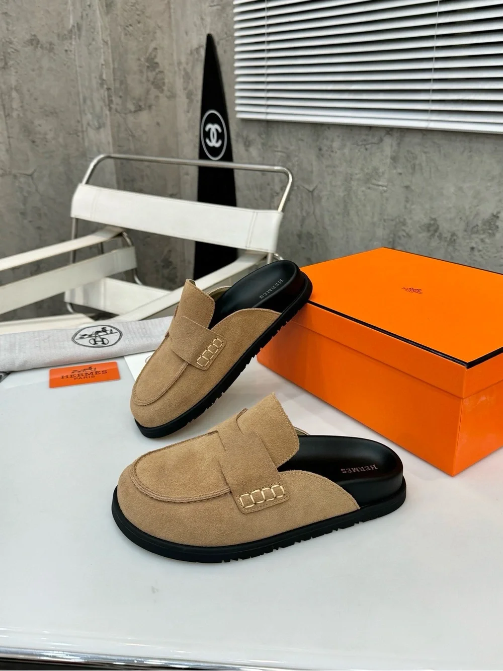 Hermes Men’s Beige Suede Slip-On Loafers with Black Insoles